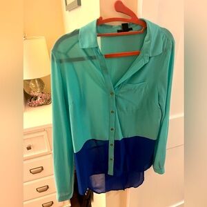 Teal and blue color block blouse